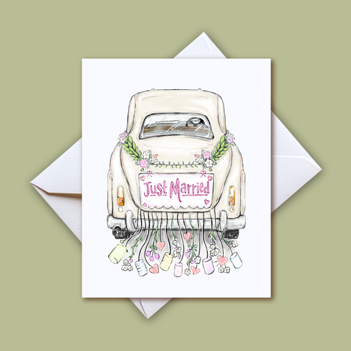 Home Malone Designs Just Married Vintage Car with Cans Pastel Card // New Greeting Card Collection at Home Malone // Congratulations Newlyweds Card