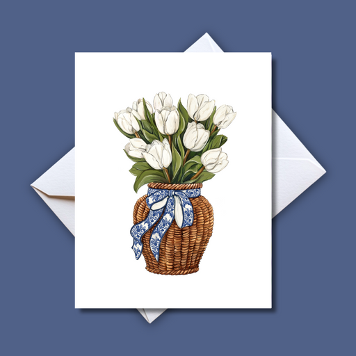 Home Malone White Tulips in Wicker Basket Greeting Card // Mother's Day Card // Realistic Flower Collection - Chinoiserie Blue and White Bow // Grandmillenial Trendy
