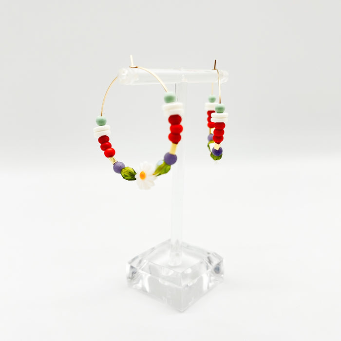 Jill Makes Colorful Daisy Beaded Hoop Earrings, Gold Plated Spring + Summer Season Handmade Jewelry, NOLA, Glass + Clay Beaded Earrings