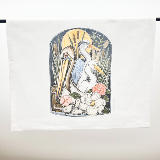 Home Malone Colorful Southern Marshland Tea Towel Kitchen Home Decor // Southern Decorations for Home // Magnolia, Camellia, Pelican, Heron, Crane, Oyster // Gifts for Southern Women // New Orleans, LA