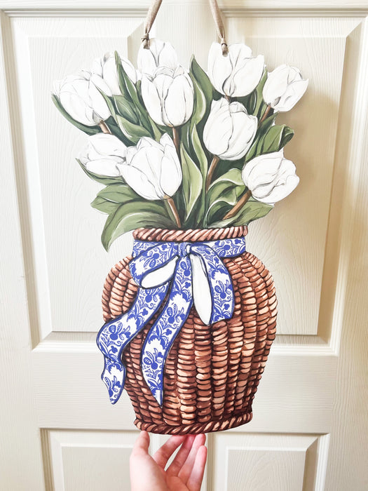 Home Malone Designs White Tulips in wicker basket with blue and white chinoiserie // Springtime Grandmillenial Home Decor //Shop at Home Malone in New Orleans, LA // Coquette Decorations