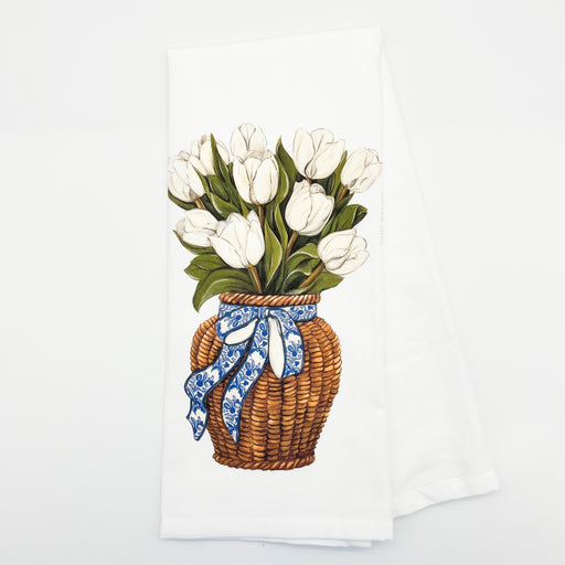 Home Malone Designs White Tulips Flowers in Wicker Basket with Chinoiserie Bow Grandmillenial Coquette Trendy Home + Kitchen Decor // Best Place to Shop in New Orleans