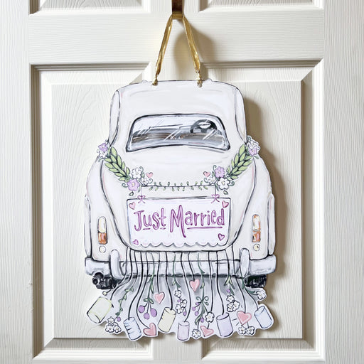 Home Malone Designs Just Married Vintage Car with Cans Trailing Behind // Pastel Colors // Special Occasion Door Hanger // Newlyweds Gift Guide // Made in NOLA