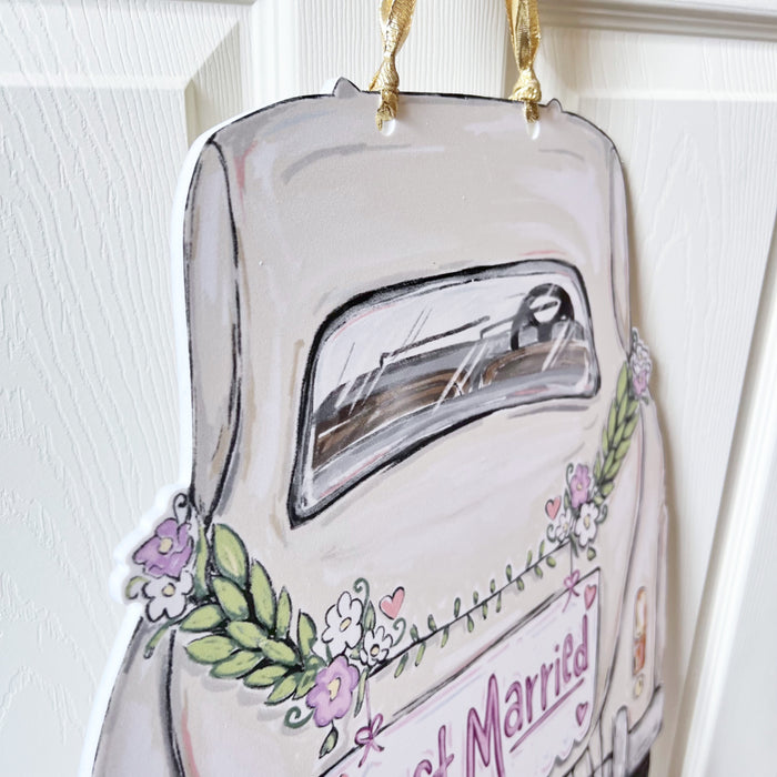 Home Malone Designs Just Married Vintage Car with Cans Trailing Behind // Pastel Colors // Special Occasion Door Hanger // Newlyweds Gift Guide // Made in NOLA