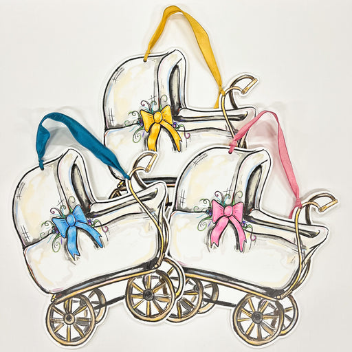 Welcome Baby Door Hanger, Birth Announcement, Arrival Announcement, Baby Girl, Baby Boy, Gender Neutral, Baby carriage, Pram, New Orleans Art, Home Malone, NOLA baby, Baby Shower decoration, Baby Shower Gift, pink bow, blue bow, yellow bow