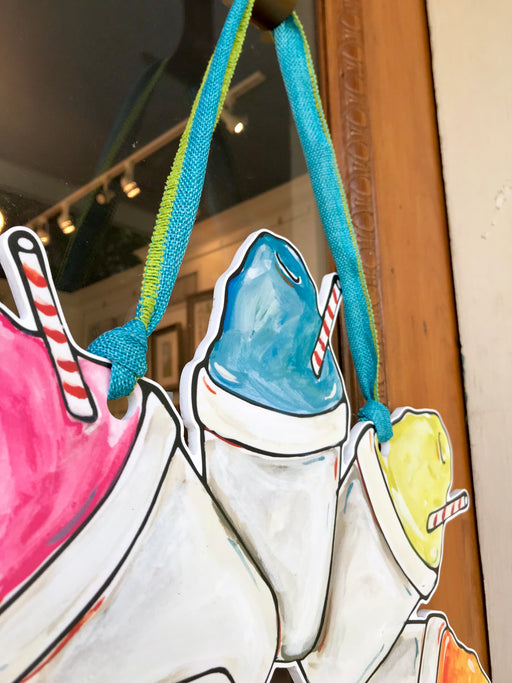 Snowball door hanger for summer door decor. Display this New orleans art for a fade proof door wreath of a snowcone painting. Find it at New Orleans best retail store Home Malone.