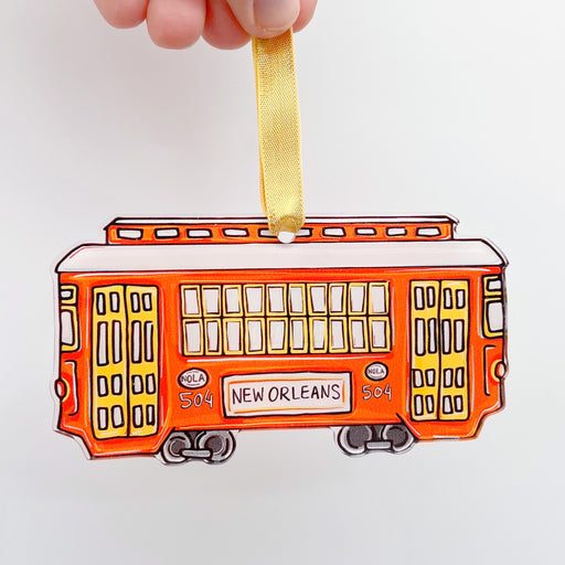 red streetcar, downtown streetcar, new orleans streetcar, NOLA streetcar, NOLA, cute streetcar, Christmas ornament, Southern Christmas, acrylic ornament