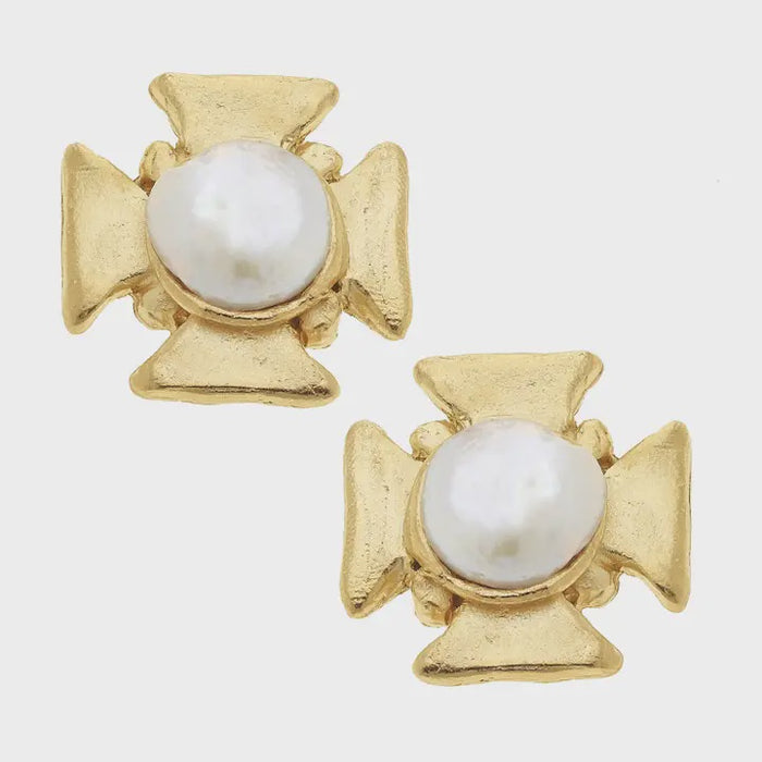 Gold Cross + Pearl Earrings