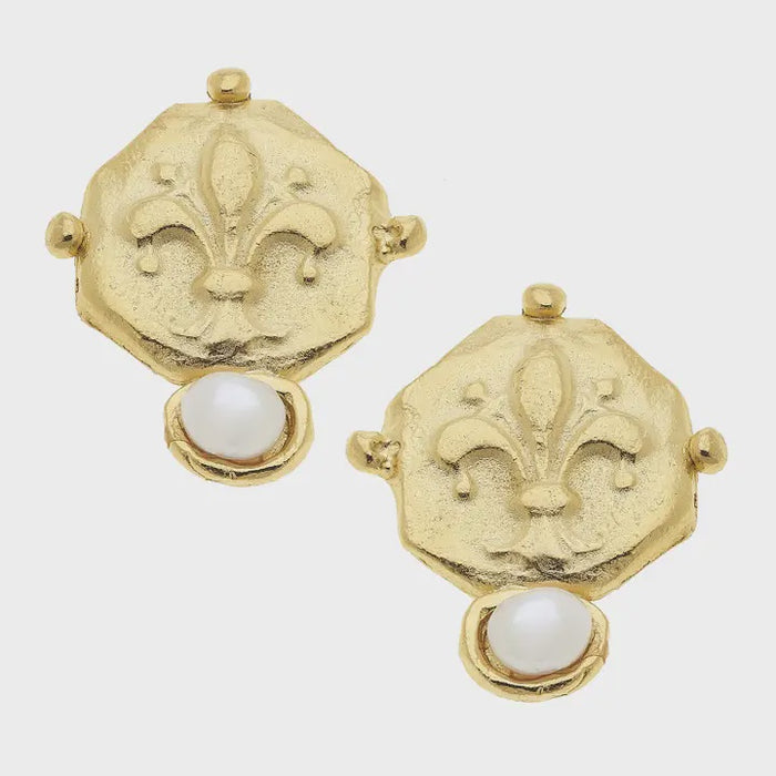 Gold Fleur De Lis Intaglio + Pearl Earrings