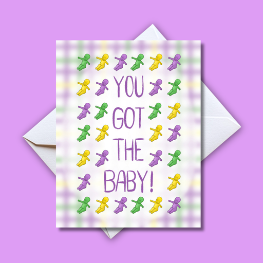 Home Malone Designs Mardi Gras Gender Reveal Baby Shower You Got The Baby Card // New Orleans King Cake Baby