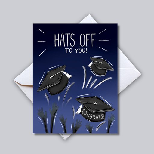 Home Malone Designs Hats off to you graduation card // Blue background with 3 caps thrown into air // Congratulatins New Graduate // New Orleans Gift Store