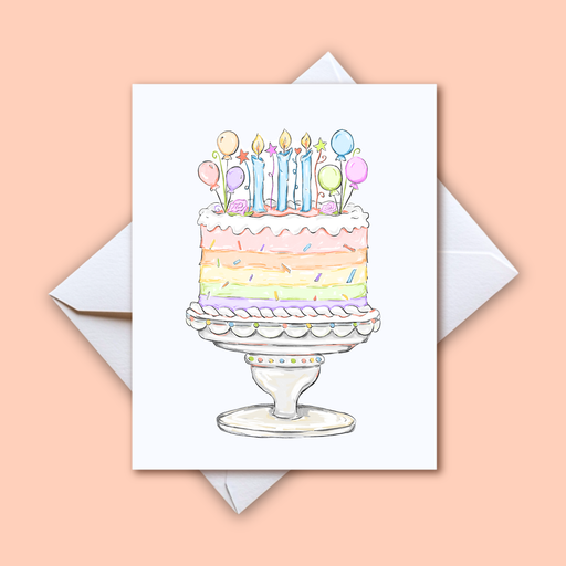 Home Malone Designs Pastel Happy Birthday Cake congratulations card // Colorful Greeting Cards Designed in New Olreans