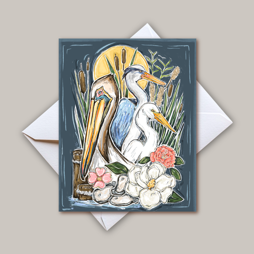 Home Malone Designs Southern Marshland Greeting Card // Any Occasion // Southern Bayou with Oysters, Magnolia, Pelican, Crane, Heron, Marshes // Southern Hospitality
