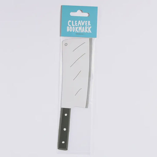 Cleaver-shaped bookmark with a blue label on a white background