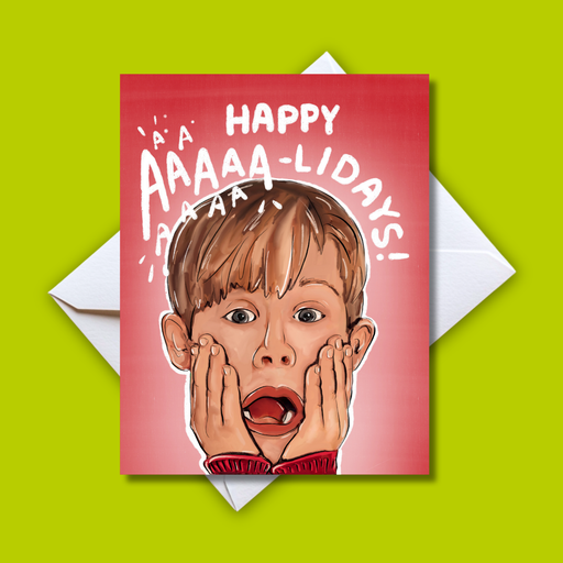 Home Malone Designs Kevin from Home Alone Christmas Holiday Card Happy AAA-Lidays Kevin Screaming //  Red Ombre Background // Stocking Stuffers // NOLA