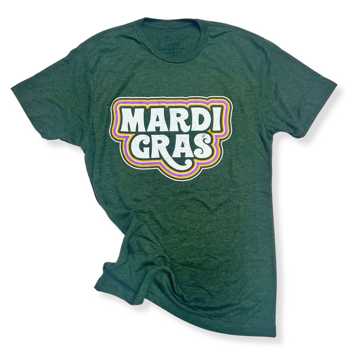 Groovy Mardi Gras Womens Soft Tshirt Sweet Baton Rouge Army Green Purple and Yellow Cute Carnival Parade Apparel