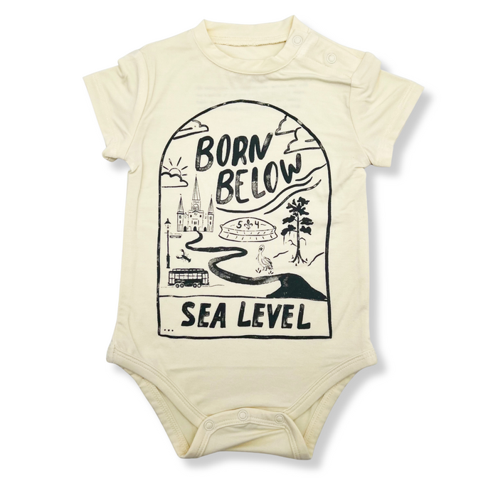 Born Below Sea Level New Orleans Baby Onesie Cute Super Soft Yellow and Black 