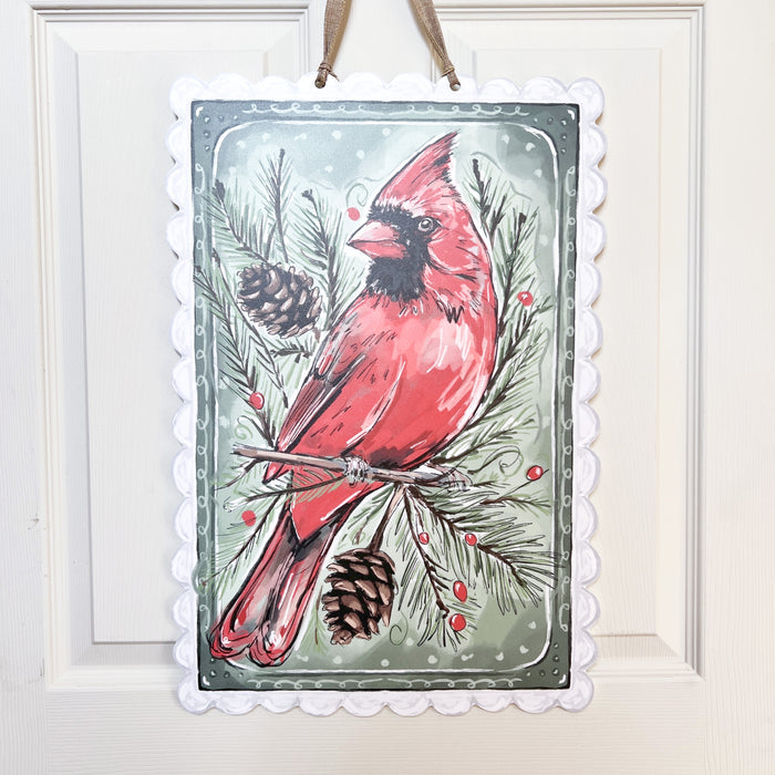 Red Cardinal Door Hanger, Home Malone, New Orleans Art, Winter Door, Red Bird, Pinecone, Vintage Stamp, Door Wreath, Merry Christmas, Holiday Door
