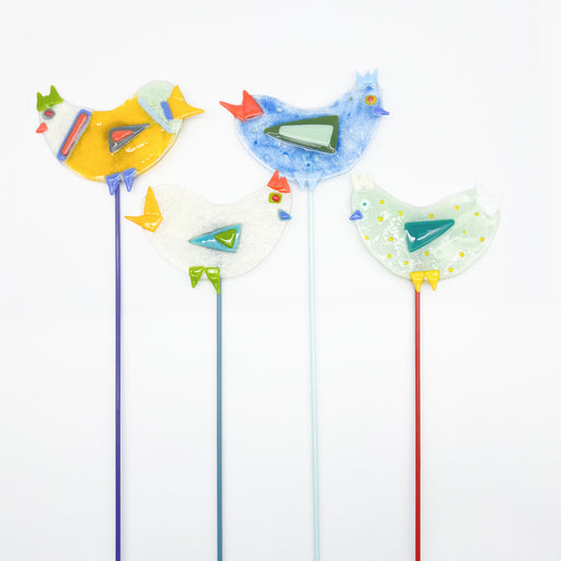 Unique fused glass chicken garden stake, outdoor spring time decoration