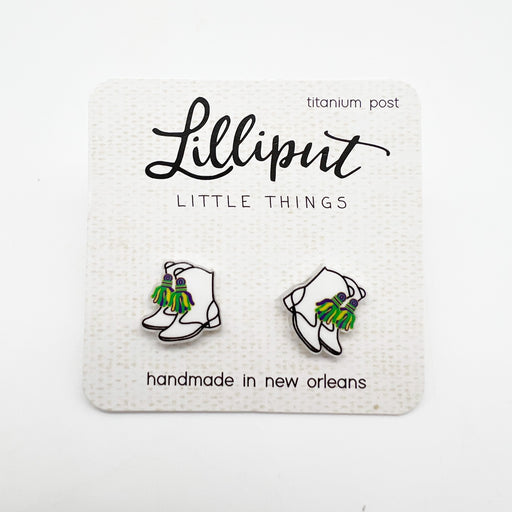 Lilliput mardi gras majorette marching boots stud earrings for kids cute white green purple and gold earrings