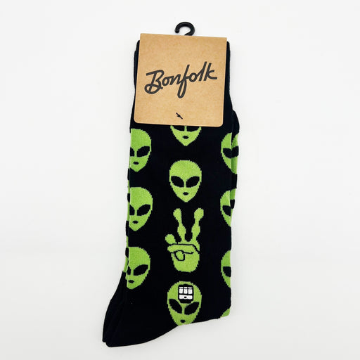 Bonfolk Brand That Gives Back Alien Peace Sign Groovy Socks Buy a pair give a pair Green and Black Sock for Him or Her Funky Gift Ideas