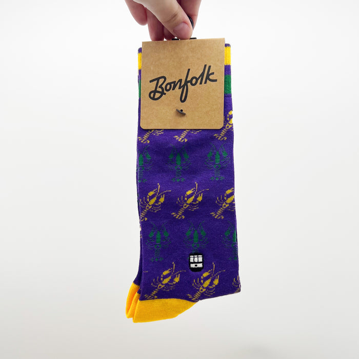 Mardi Gras Crawfish Bonfolk Socks Fun Funky Cool Green Purple and Gold Clothing Gift Ideas for Groomsmen