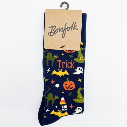 Bonfolk Halloween Trick or Treat Socks, Holiday Gift Guide, Spooky Witches Ghosts Bats Cats, Unisex Gift