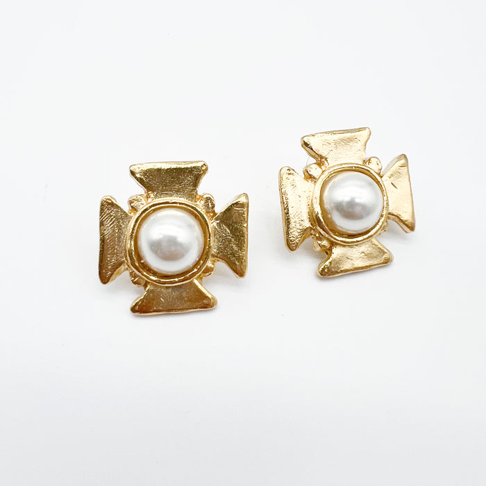 Gold Cross + Pearl Earrings