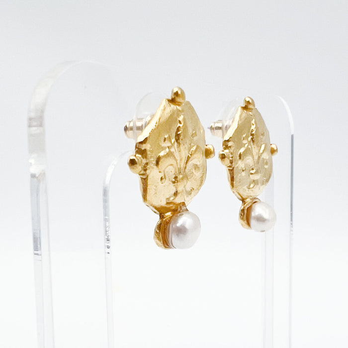 Gold Fleur De Lis Intaglio + Pearl Earrings