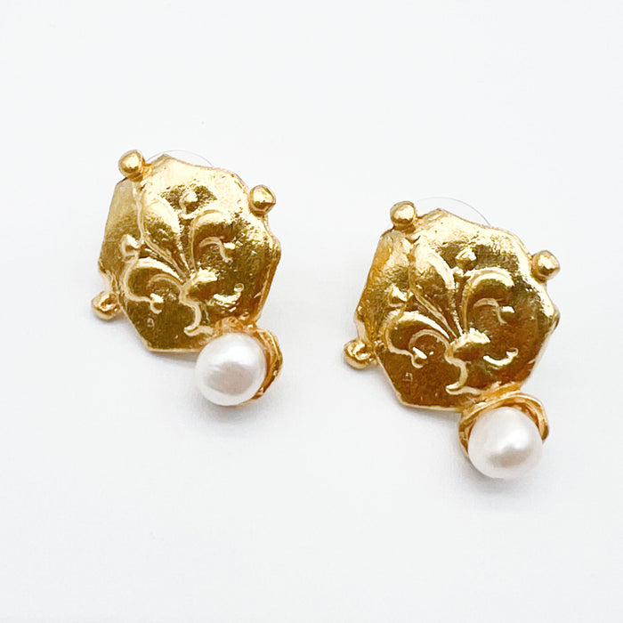 Gold Fleur De Lis Intaglio + Pearl Earrings