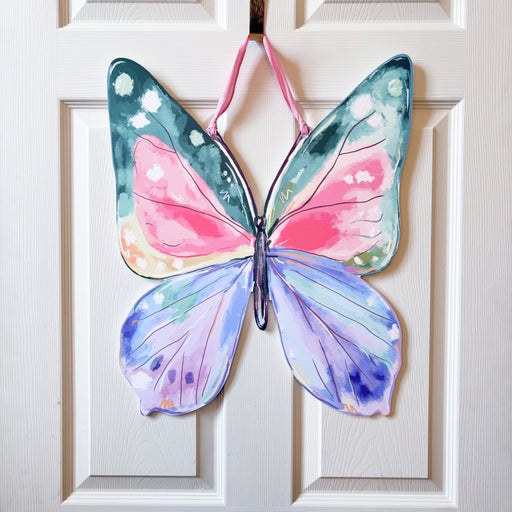 Home Malone Spring Pastel Butterfly Pretty Whimsy Best Seller Pink Purple Dark Green Blue Watercolor PVC Door Hanger