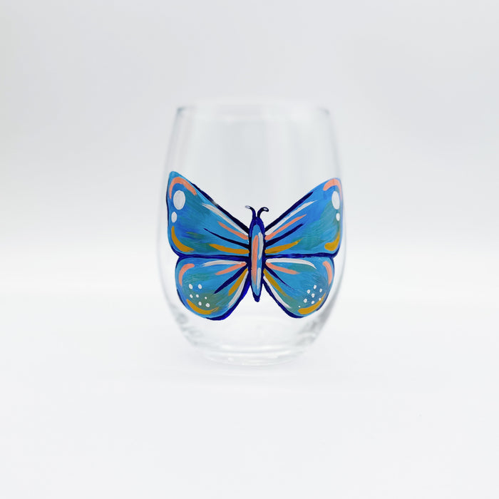 Blue Butterfly Wine Glass