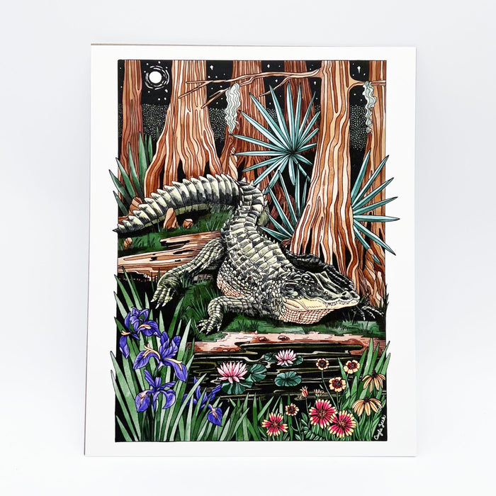 Mattea at Home Malone NOLA | Wild Gator Art Print Louisiana Local Alligator Floral Cypress Tree Iris Artwork Baton Rouge, LA