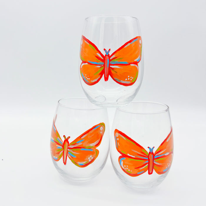 Orange Butterfly Wine Glass