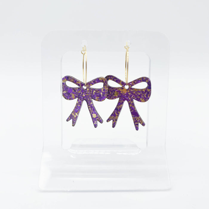 Sandy and Rizzo Purple and Gold Glitter Game Day Dangle Bow Hoop Earrings 
