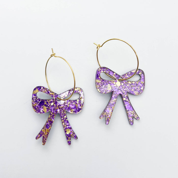 Purple & Gold Bow Hoop Earrings