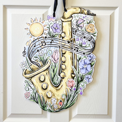 Home Malone Springtime Jazz Fest Saxophone Sunshine + Flowers Home Decor Door Hanger // Colorful Pastel Louisiana Flowers // Gift for Him + Her // Gift for Music Lovers // New Orleans, Louisiana // NOLA