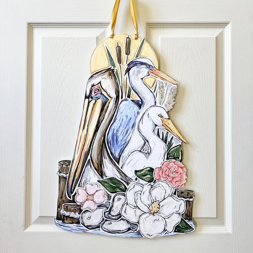 Colorful Southern Bayou Marshland Door Hanger Home Decor // Southern Magnolia Flowers // Louisiana State Heron, Pelican, Oysters //  Vibrant Outdoor Decoration // Gift for Mother's Day, Gift for Her, New Orleans, Louisiana