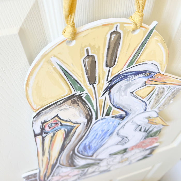 Colorful Southern Bayou Marshland Door Hanger Home Decor // Southern Magnolia Flowers // Louisiana State Heron, Pelican, Oysters // Vibrant Outdoor Decoration // Gift for Mother's Day, Gift for Her, New Orleans, Louisiana