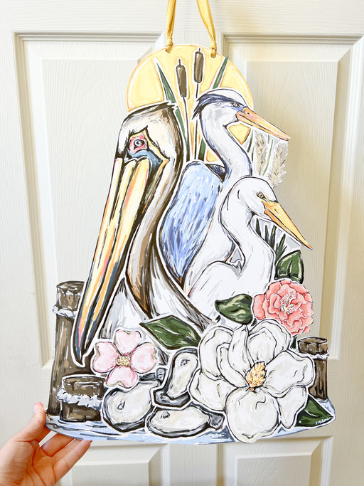 Colorful Southern Bayou Marshland Door Hanger Home Decor // Southern Magnolia Flowers // Louisiana State Heron, Pelican, Oysters // Vibrant Outdoor Decoration // Gift for Mother's Day, Gift for Her, New Orleans, Louisiana