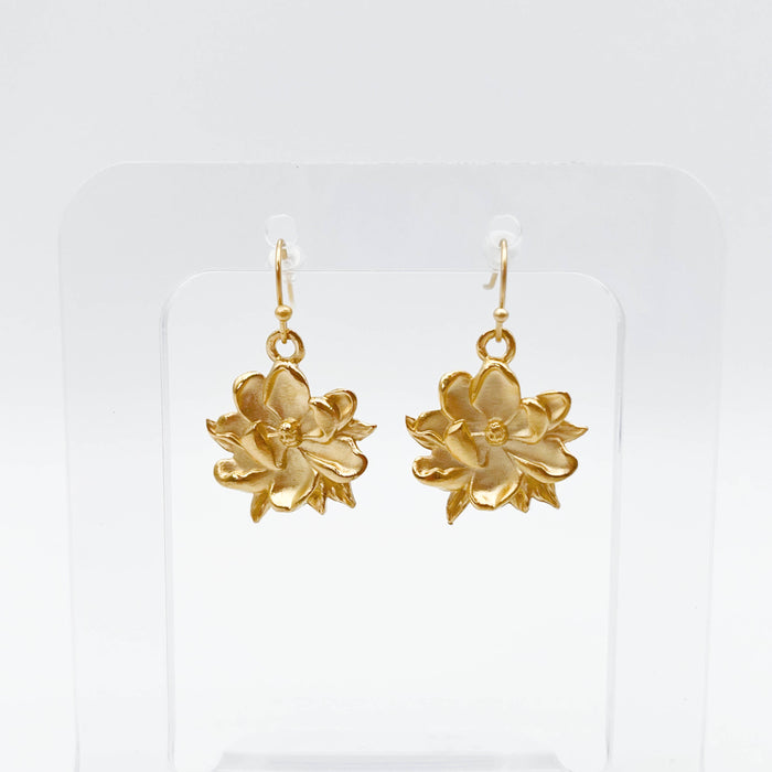 Gold Magnolia Drop Earrings - Unique Handcrafted in Texas Dangle Gifts for Her Accessories
