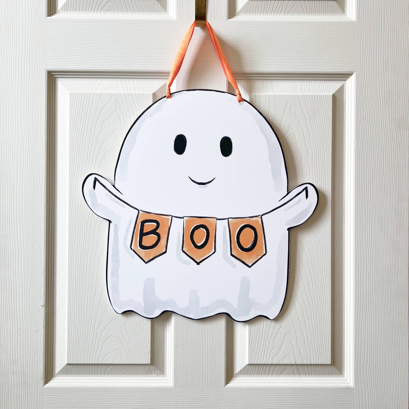 Home Malone NOLA Boo Ghost Halloween Door Hanger - Cute Smiley Ghost holding Boo Banner Festive Holiday Spooky Autumn Fall