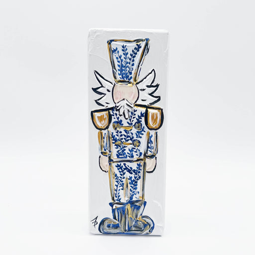 Textured Wood Block Artwork one of a kind blue white and gold chinoserie nutcracker home decor christmas holiday
