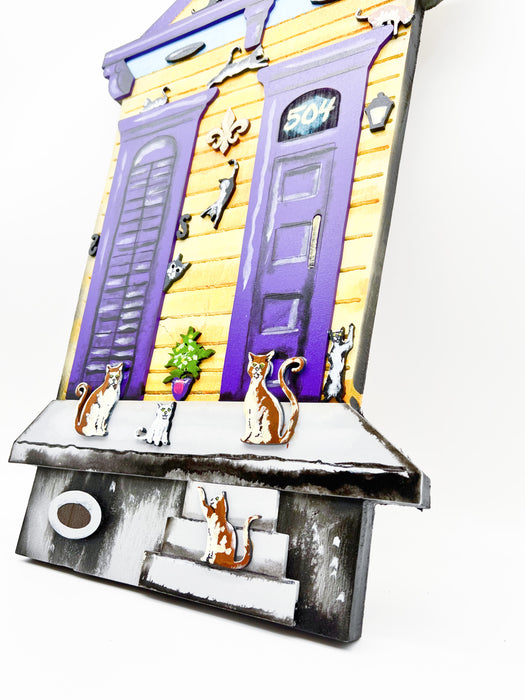 Michael Dixon Wooden Shotgun Art, Cats, NOLA, Made in Louisiana, Gift for Dad, Gift for Mom, Purple and Yellow, Shotgun Home