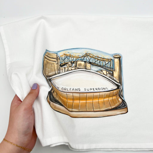 New Orleans Superdome Skyline Kitchen Towel Art, Who Dat, Black and Gold, Printed in NOLA, Saints