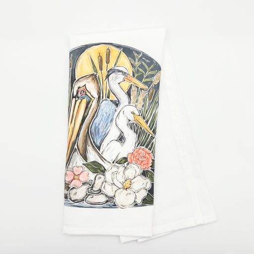 Home Malone Colorful Southern Marshland Tea Towel Kitchen Home Decor // Southern Decorations for Home // Magnolia, Camellia, Pelican, Heron, Crane, Oyster // Gifts for Southern Women // New Orleans, LA