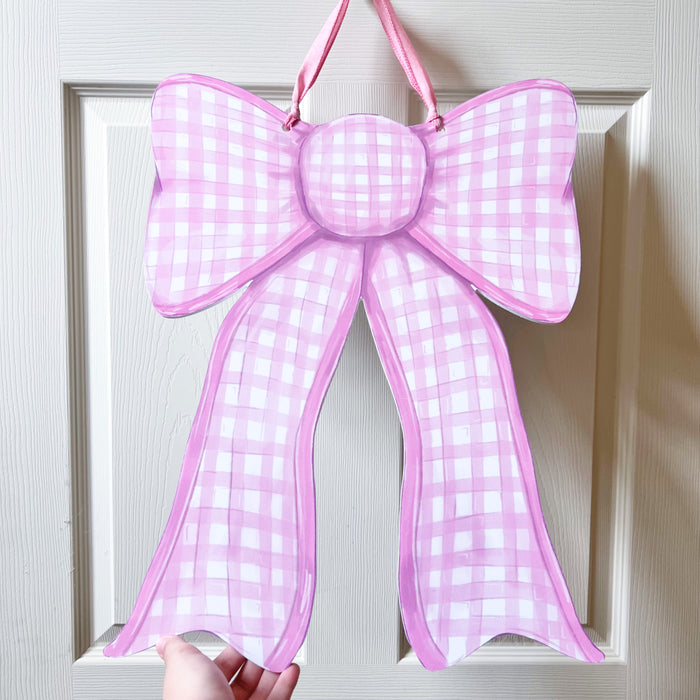 Home Malone Double Sided Gingham Pink or Blue Colorful Door Hanger for Gender Reveal or baby shower // Spirngtime Coquette Bow Trend // Home + Garden Decor Wreaths // Cute + Fun // Made in New Orelans