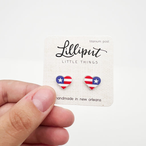 Lilliput USA Heart Hypoallergenic Stud Earrings for Aduts and Kids - Fourth of July Handmade Accessories - Made in New Orleans