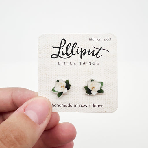 Lilliput Little Things Hypoallergenic Cute Louisiana Magnolia Studs - Pretty White Floral Jewelry - Handcrafted in New Orleans