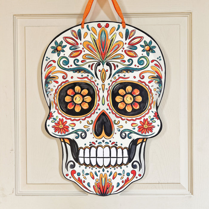 Home Malone Design Colorful Festive Sugar Skull Day Of The Dead Door Hanger for Halloween Spooky Cute Outdoor Home Decor